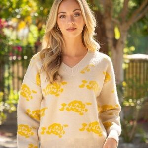 Deep V-Neck Yellow Rose Printed Sweater By VOY - LARGE - NWOT